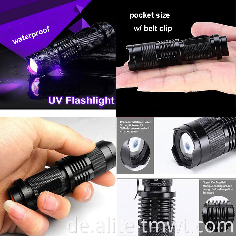 Fabrik -Promotion Aluminiumlegierung Zoomable 365nm UV LED Taschenlampe mit Clip